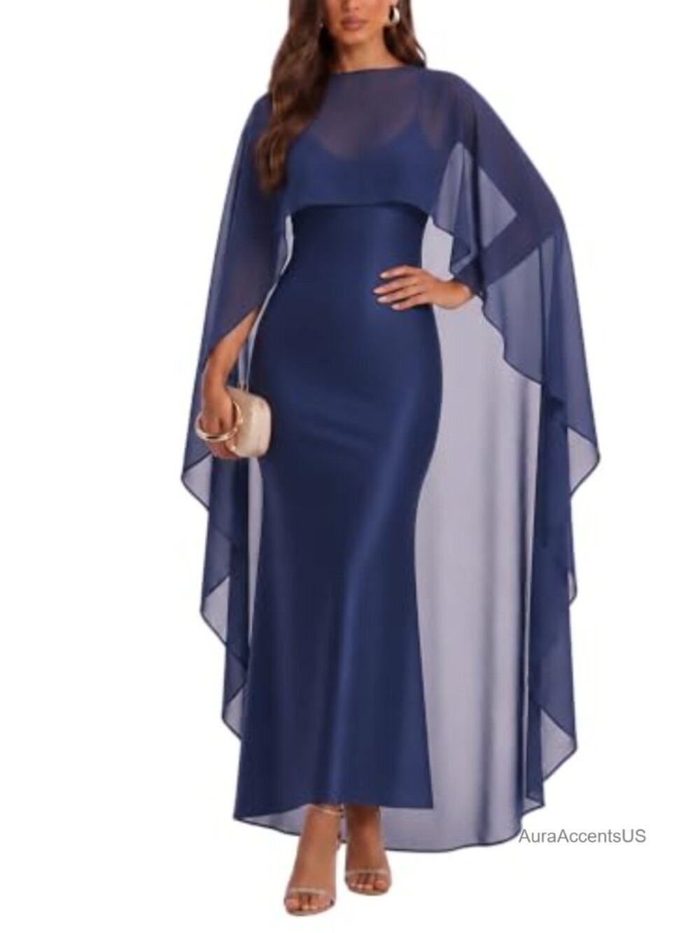 Women's 2 Piece Evening Dress Set with Sheer Mesh Cape